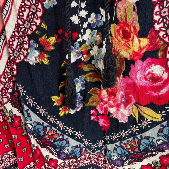 Bila Womens Plus XXL Multicolor Boho Tunic Top Floral Tassel Tie Shirt - Picture 10 of 11